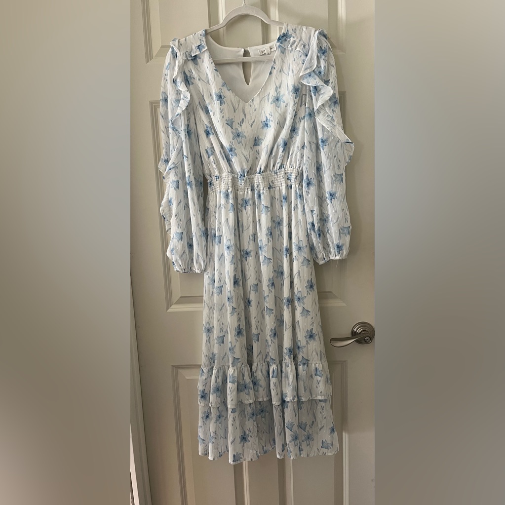 Anthropologie By The River Dress Blue Floral Cottage Core Ruffle Peasant Boho L